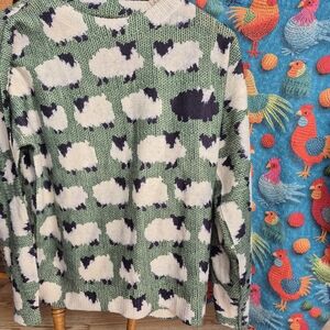 Green & White Sheep And Chicken & Rooster Pattern - 2 Sweaters